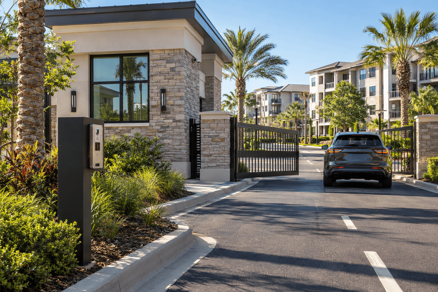 Courier using a video intercom inside a Central Florida multifamily package room