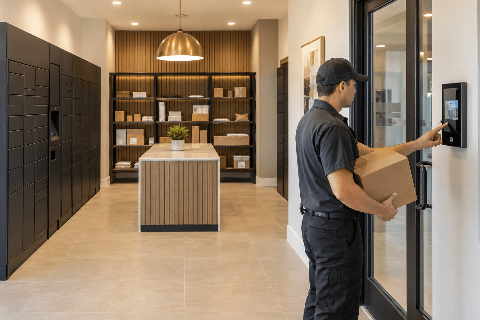 Courier using a video intercom inside a Central Florida multifamily package room