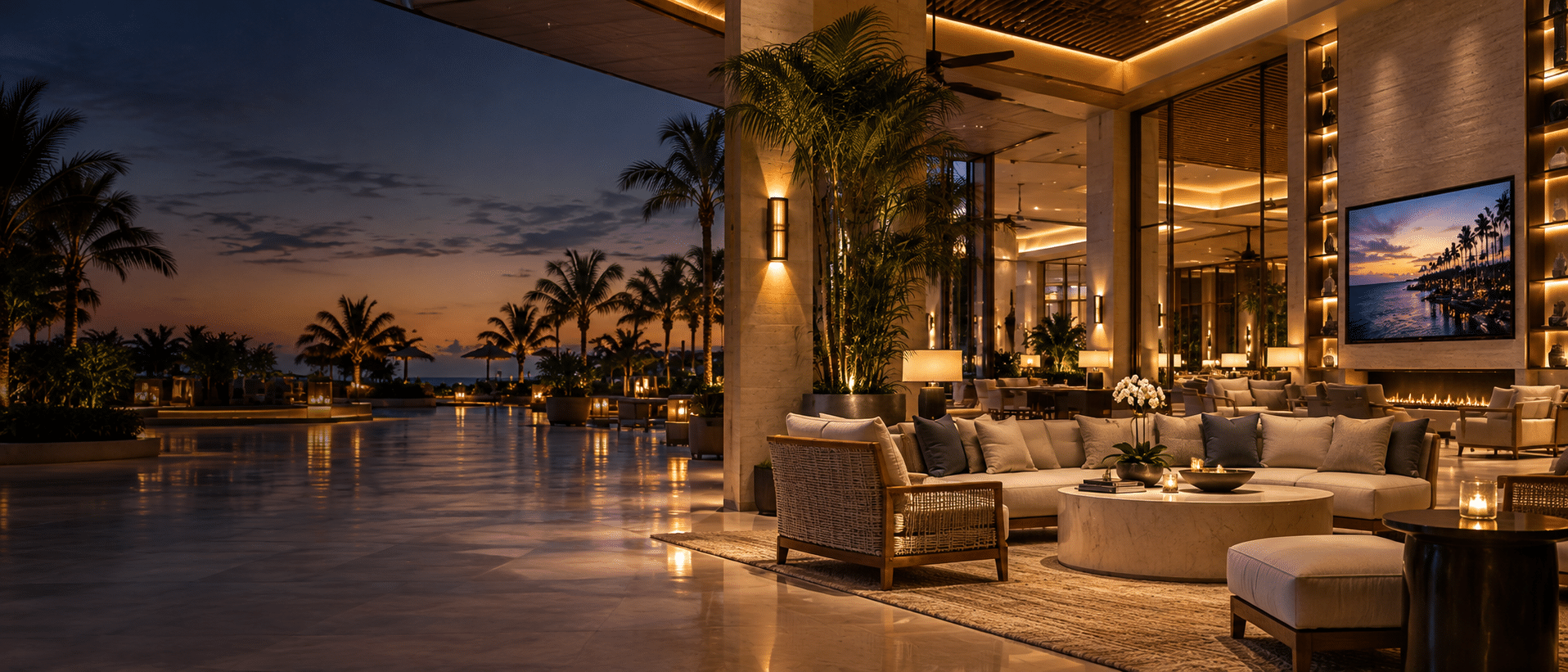 Luxury hotel hospitality lounge with integrated audio visual, networking and smart technology systems in Florida